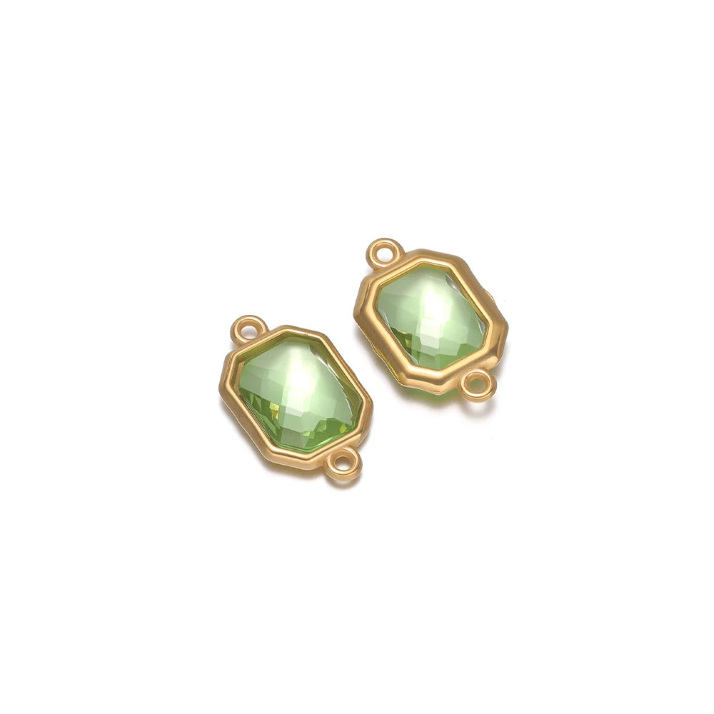 Green faceted glass octagon charm connector with gold-tone loop, stainless steel