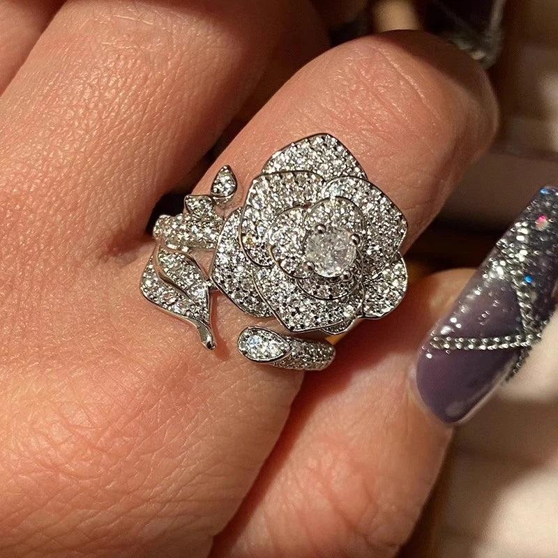 Crystal cubic zirconia flower adjustable ring with sparkling pavé details