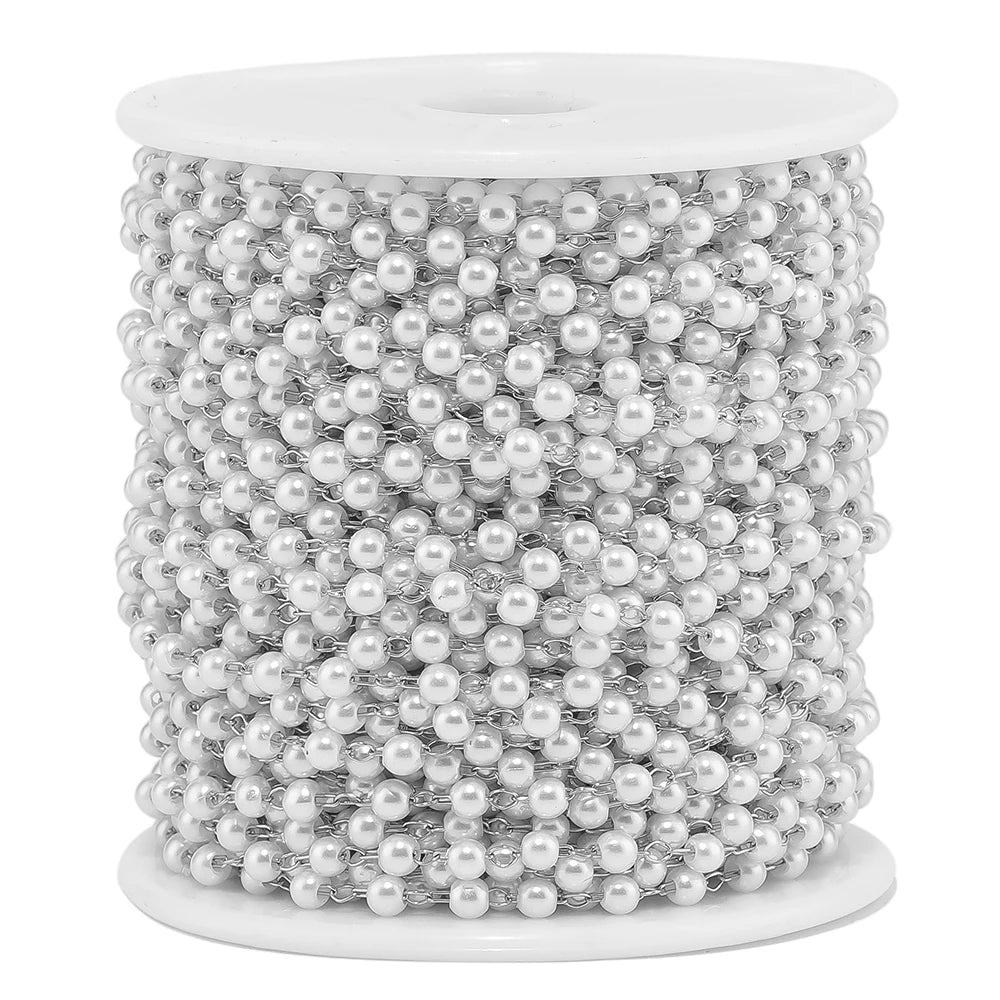 Spool of white imitation pearl chain with silver-tone links, round pearl beads for DIY