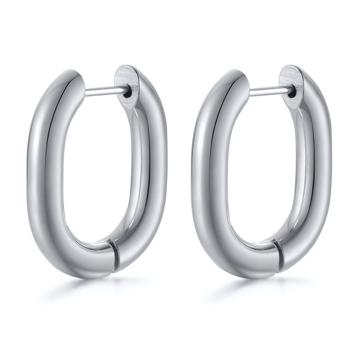 Silver-tone oval hoop earrings with rounded, tubular bands