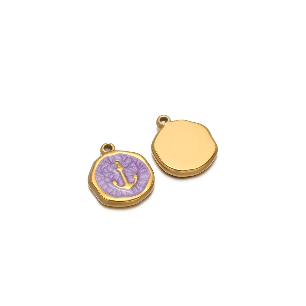 Gold-tone round charm with purple anchor enamel, plus blank gold-tone round charm