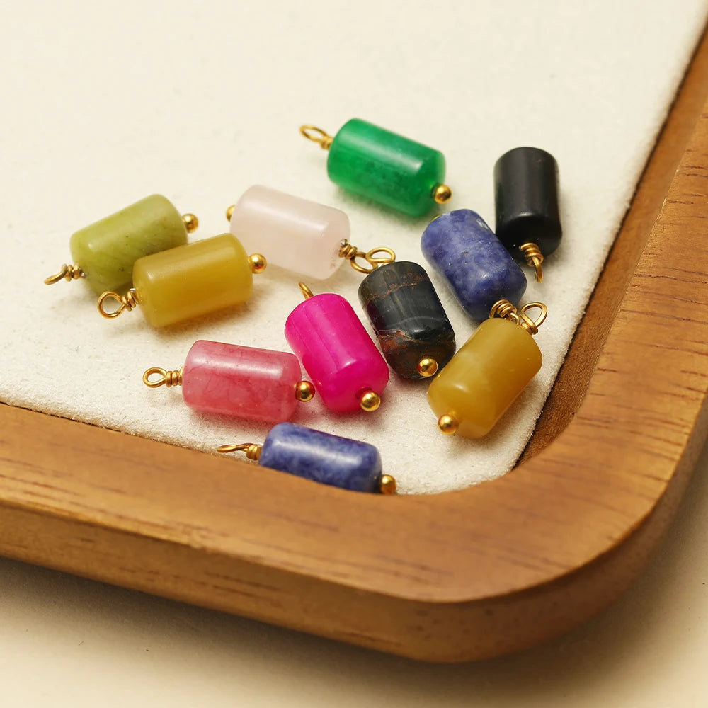 Cylinder stone charm pendants, mixed colors with gold-tone loops for DIY jewelry