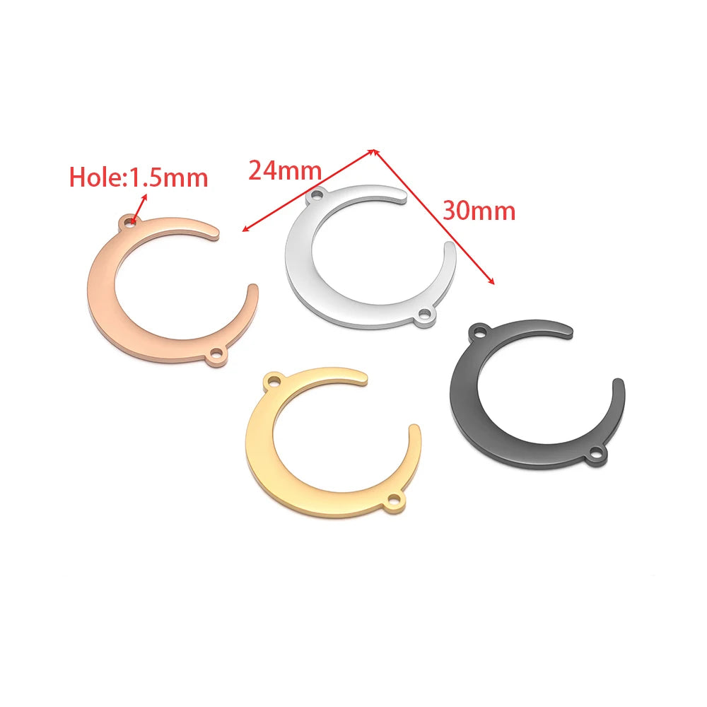 Moon-shaped pendant charms with double holes and varied finishes, 24mm size