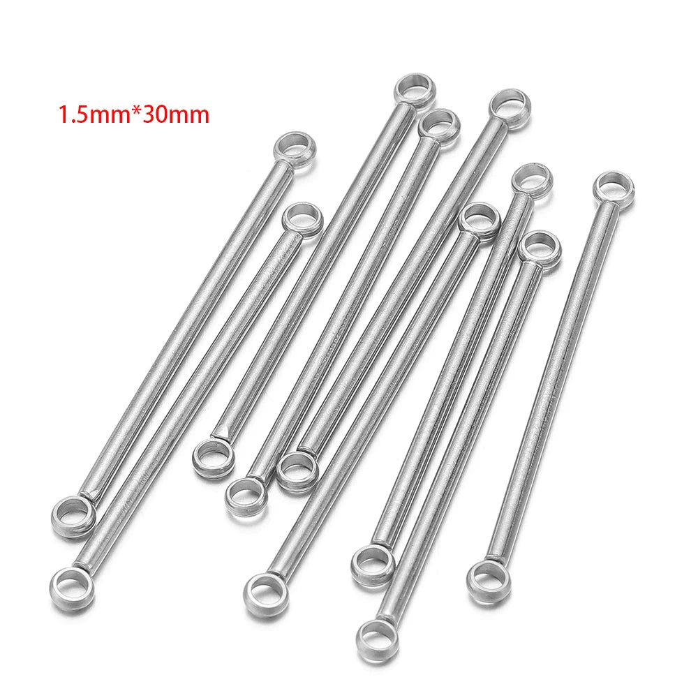 Silver stainless steel double-cylinder rod earring connectors, longer straight rods with loop ends