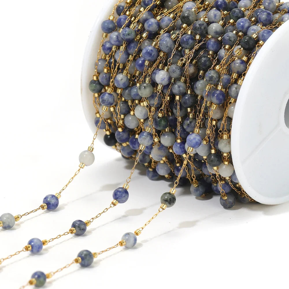 Stainless steel bead chain with gold-tone links and blue-gray bead drops for necklace making