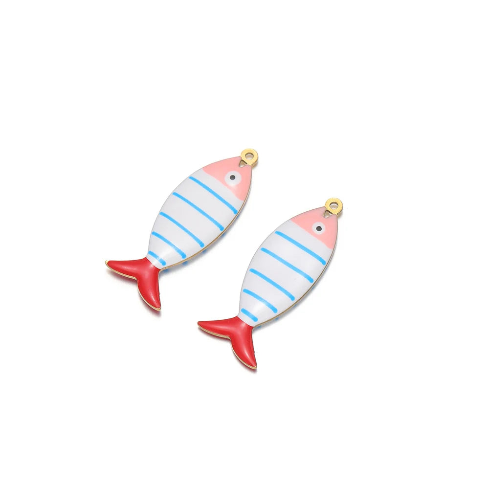 Two enamel striped fish pendants with gold loops, blue stripes and red tails