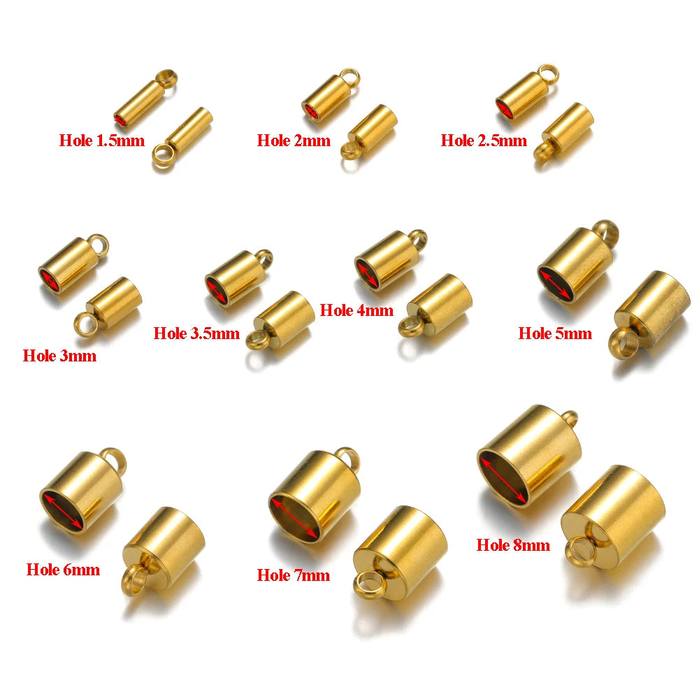 Gold crimp end caps with labeled hole sizes 1.5–8mm, loop eyelets
