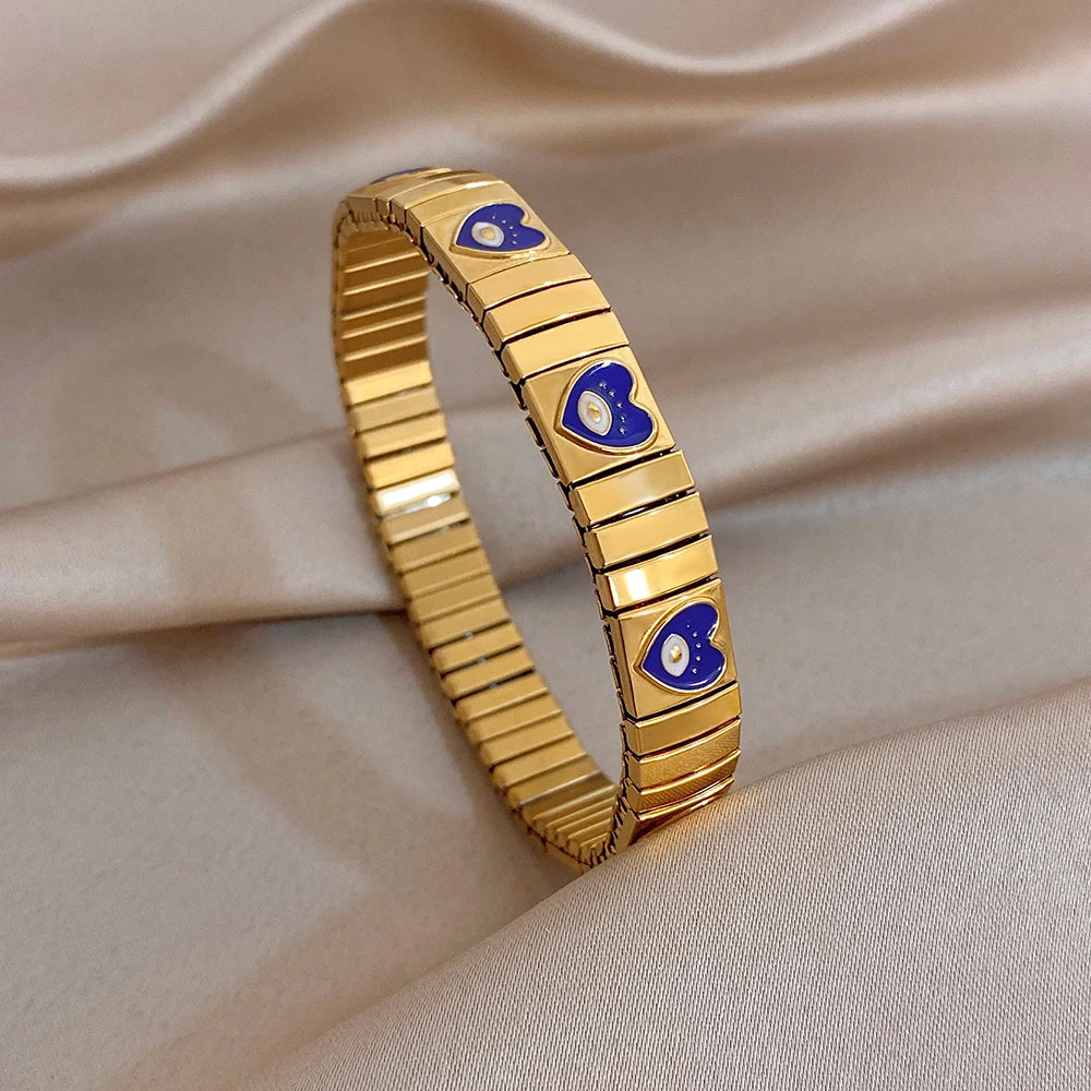Chunky Gold Plated Stainless Steel Watch Band Bracelet Colorful Enamel Heart Evil Eye Elastic Bangle Bracelet Waterproof Jewelry