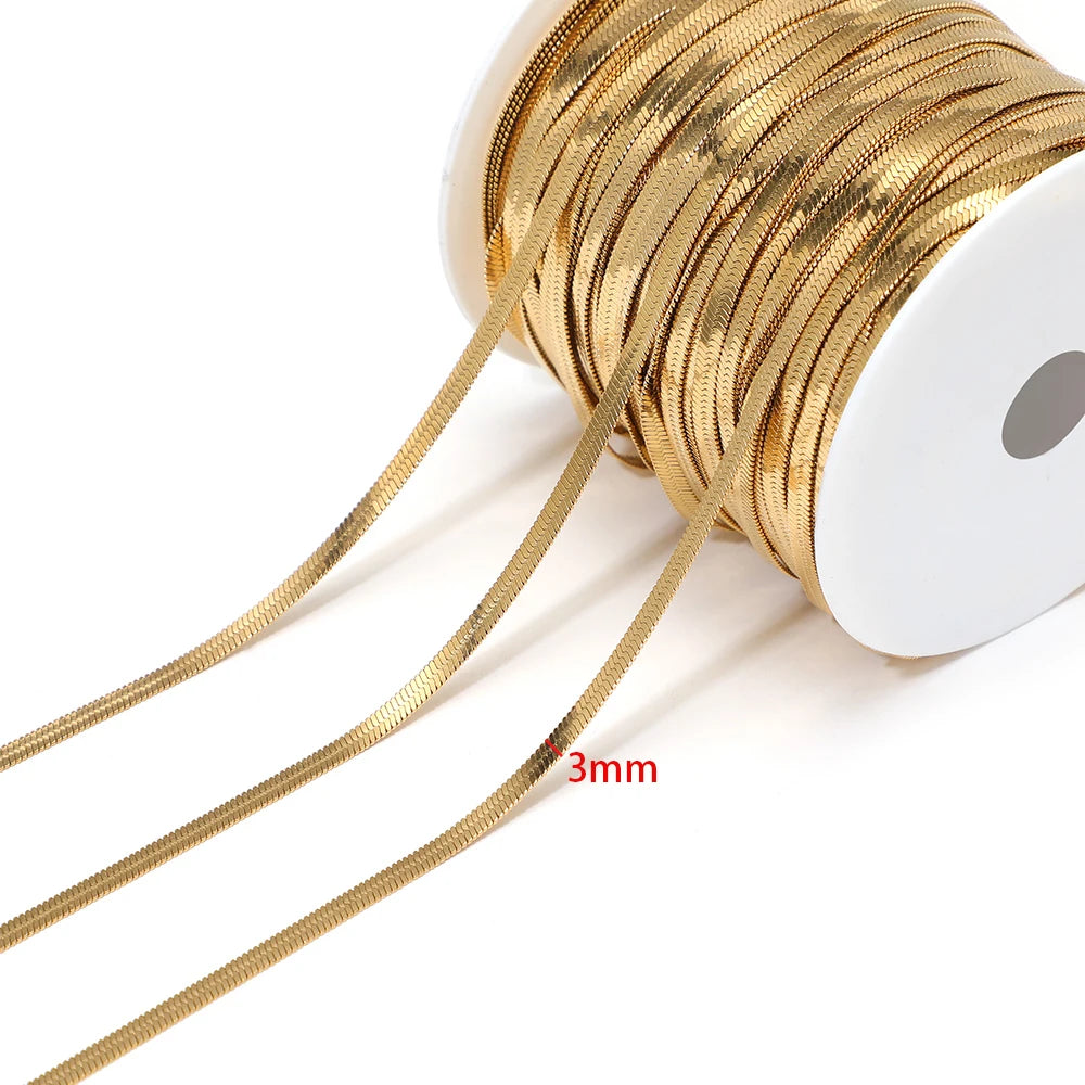 Gold flat snake chain cord, 3mm width, on white spool