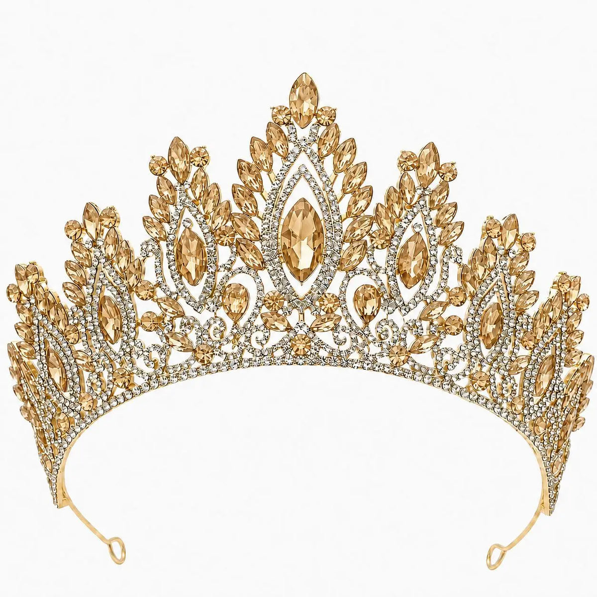 Gold rhinestone tiara headband with oval center gems and ornate openwork design
