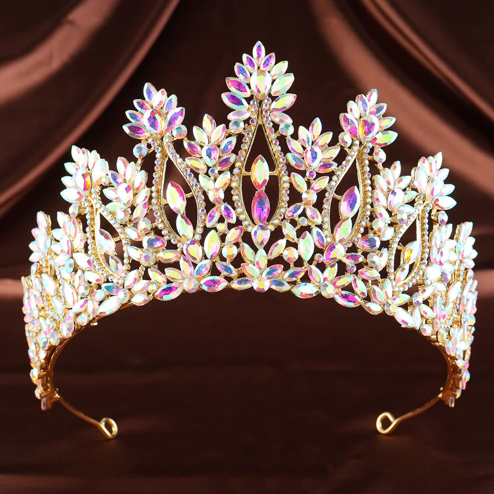 Iridescent white and purple rhinestone tiara with floral leaf crown details