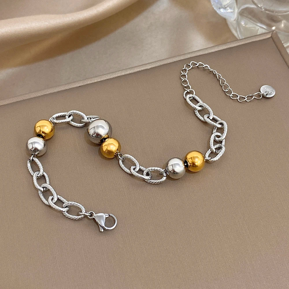 Chubby Two Tone Round Beads Bracelet for Women Fashion Gold Plated Stainless Steel Chain Bracelets Waterproof Jewelry