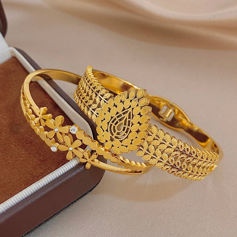 Chic Stainless Steel Gold Plated Cuff Bangle for Women Exaggerated Leaves Flower Chunky Bracelets Waterproof Jewelry Set