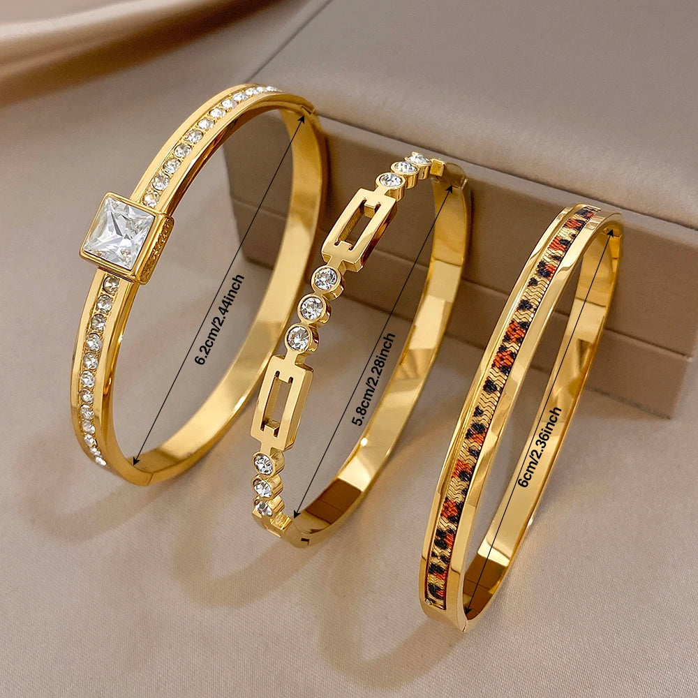 Trendy Gold Plated Stainless Steel Cuff Bangle Bracelets for Women Shiny Geometric Zircon Stackable Bracelet Waterproof Jewelry