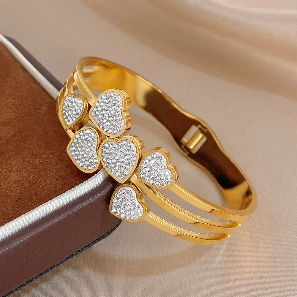 Irregular Zircon Heart Cuff Bangle Bracelets for Women Delicate Gold Plated Stainless Steel Chunky Bracelets Waterproof Jewelry