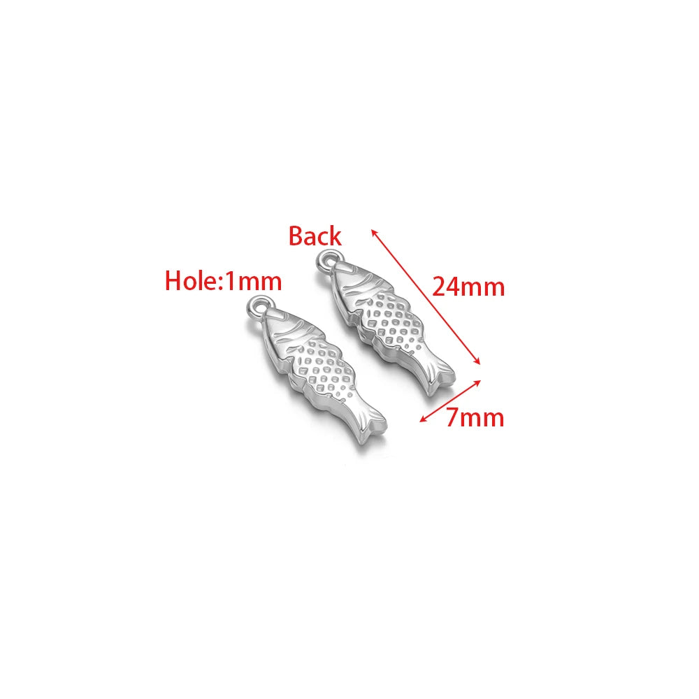 Set of two silver fish charms, 24mm long, 1mm hole, 3D metal pendant loops