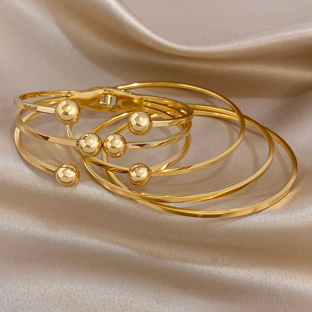 Glossy Multiple Balls Stainless Steel Cuff Bangle for Women Exaggerated Gold Plated Chunky Bracelets Waterproof Jewelry Set
