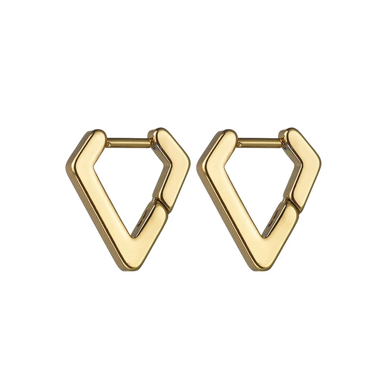 Gold-tone angular hoop earrings with hollow diamond-heart shape, glossy stainless steel