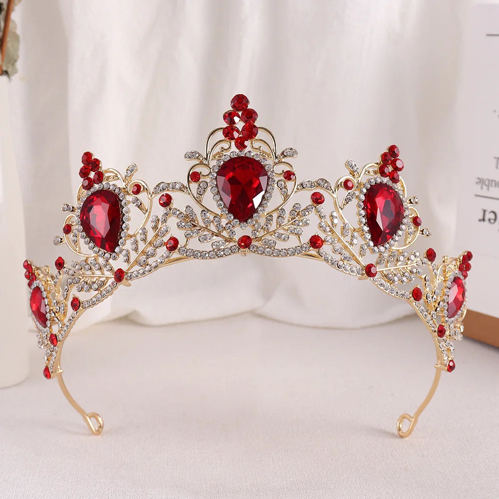 Gold bridal tiara with red rhinestone crown and large red marquise center stone