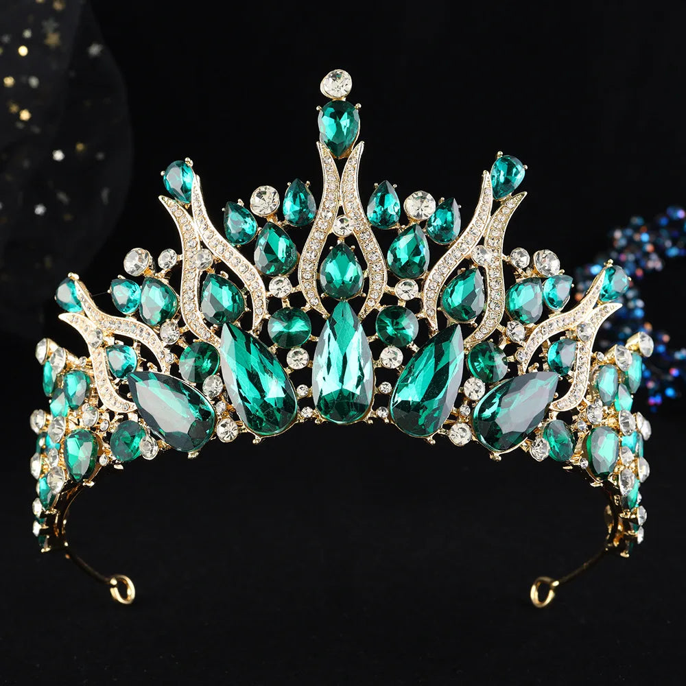 Rhinestone tiara headpiece with teal green crystals and elaborate baroque-style crown