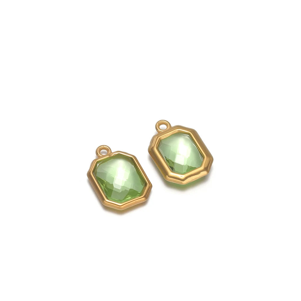 Octagon glass charm connectors, green faceted stone, gold frame with hanging loops
