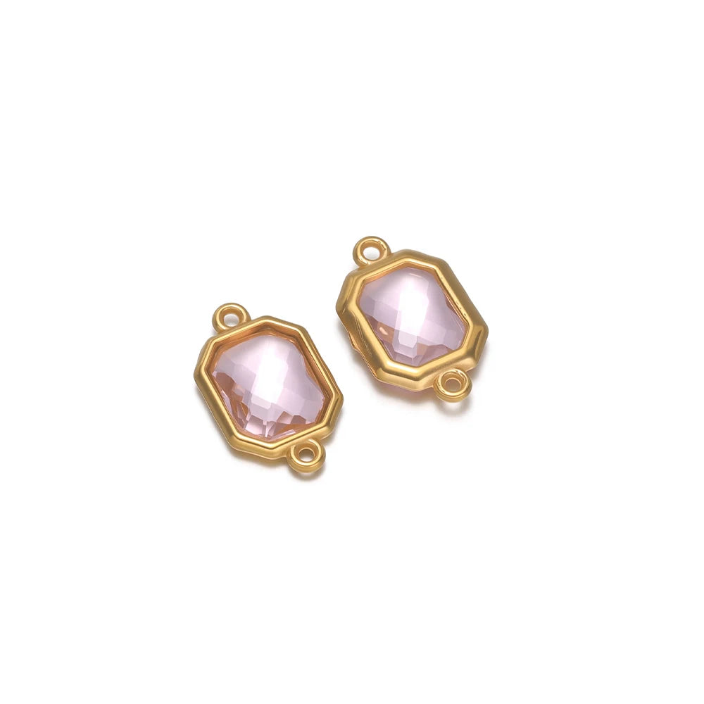 Stainless steel hexagon glass charm connector, light pink glass with gold-tone frame and 2 loops