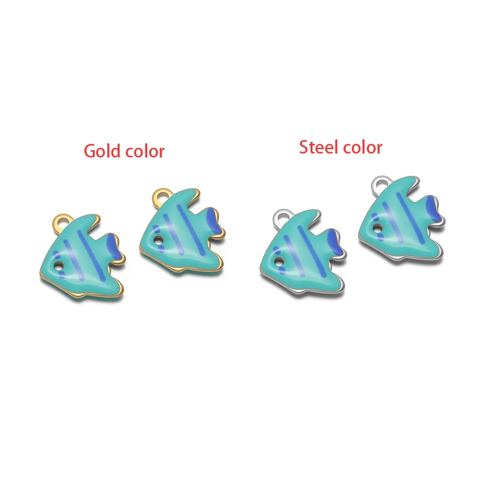 Marine animal charm pendant set, blue enamel dolphin/seahorse shapes in gold and steel tones