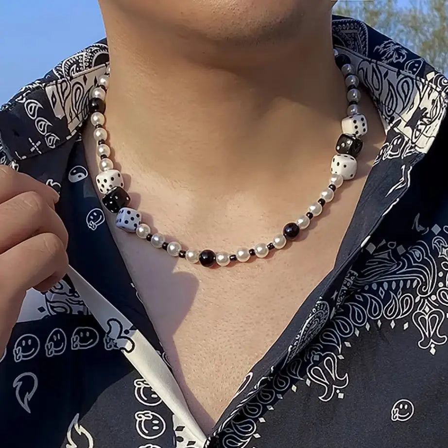 Trendy Short Imitation Pearl Choker Necklace For Men Chain Punk Lucky Dice Jewelry