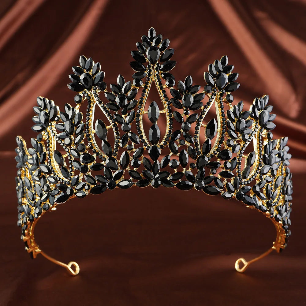 Black rhinestone tiara with oval stones and ornate baroque crown design