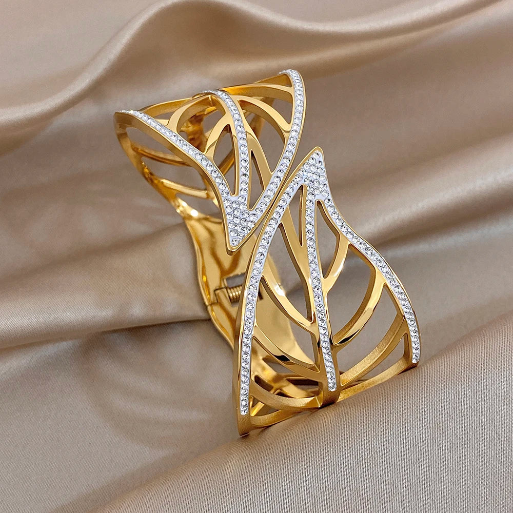 Exaggerated Geometric Zircon Leaf Cuff Bangle Exquisite Gold Plated Stainless Steel Chunky Bracelets Waterproof Jewelry Set