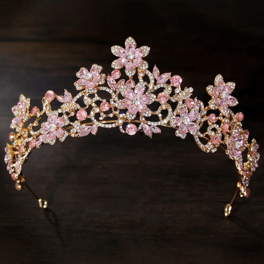 Rhinestone floral tiara with pink crystal flowers and gold-tone scrollwork