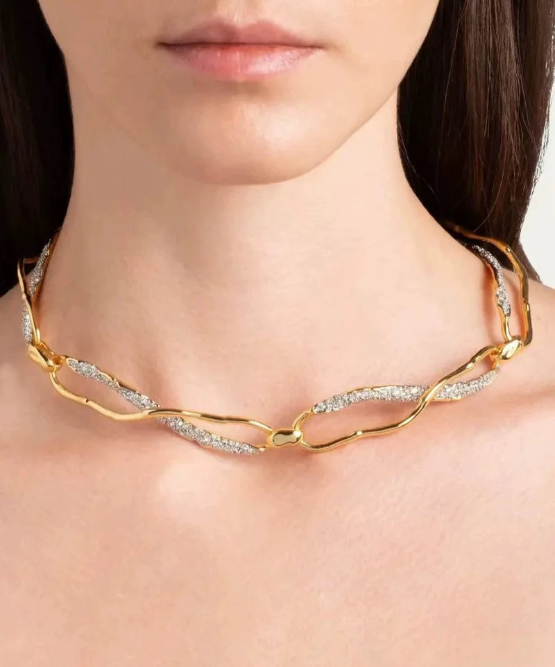 Big Luxury Women Retro Gold-plated Short Chunky Necklace Thick Chain Splicing Metal Choker Jewelry