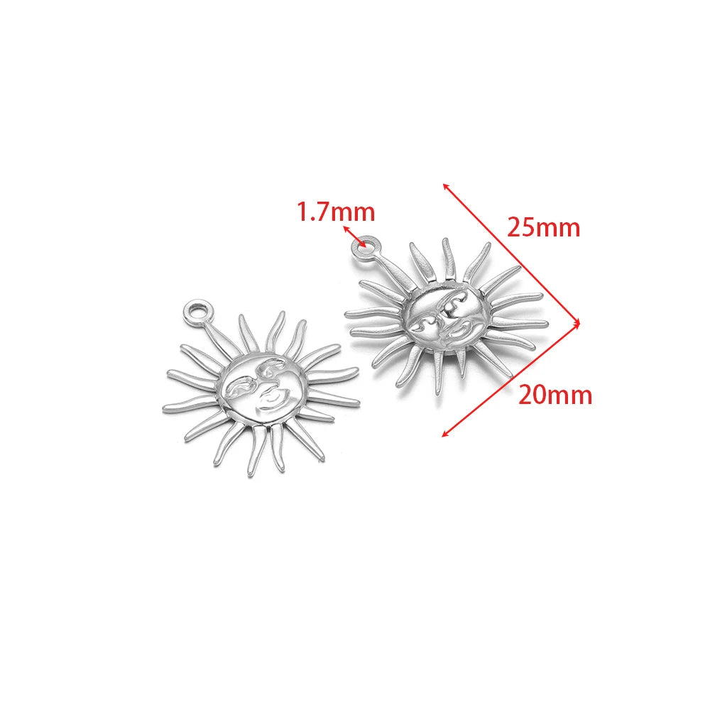 Silver smiling sun charm pendants with loop, two-piece set for DIY jewelry making