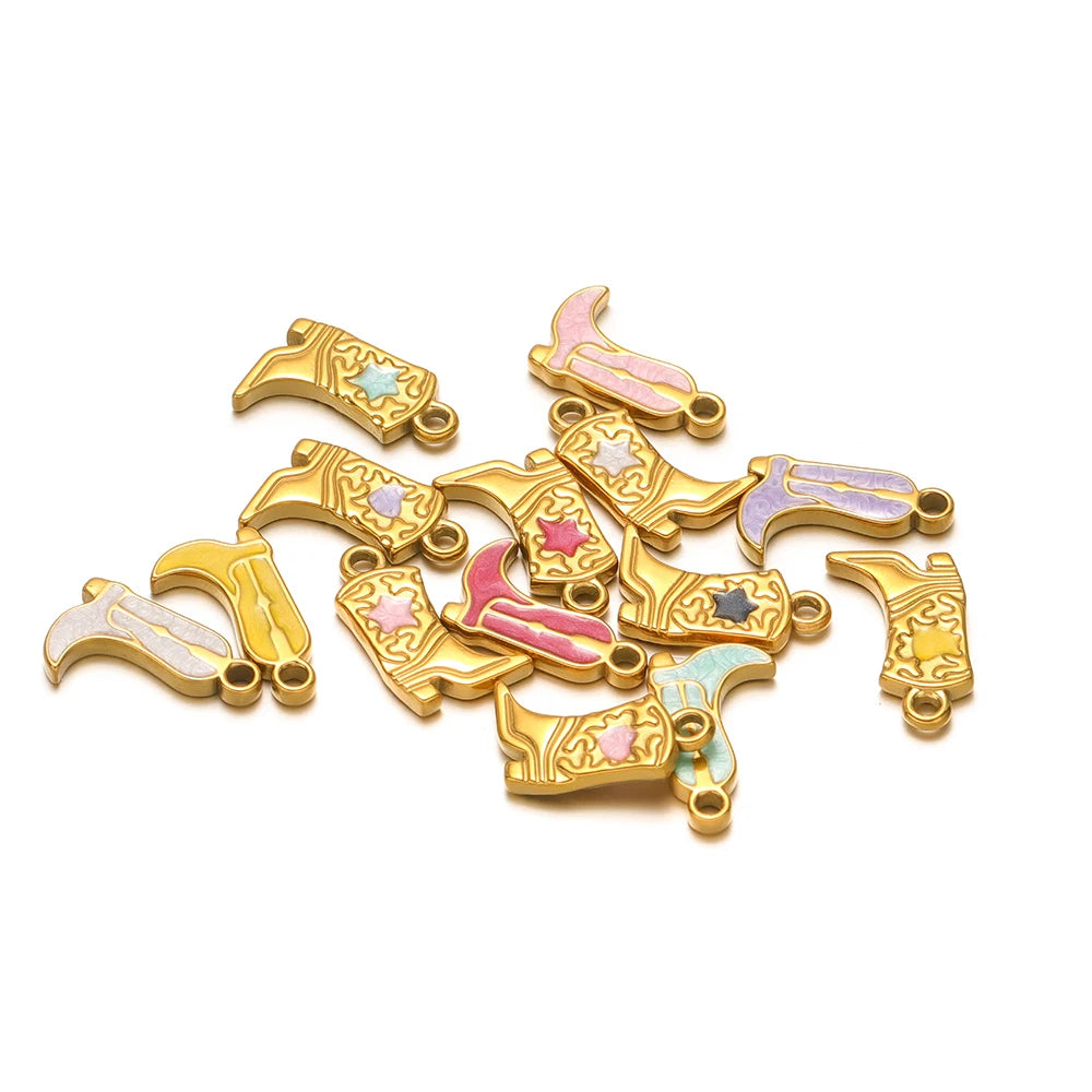 Gold-tone long boot charms with pink, purple, and blue inlaid details, assorted set