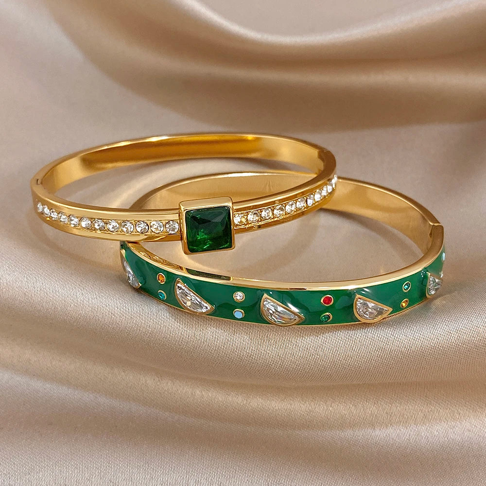Delicate Green Enamel Stainless Steel Bangle for Women Glossy Colorful Zircon Stainless Steel Cuff Bracelets Waterproof Jewelry