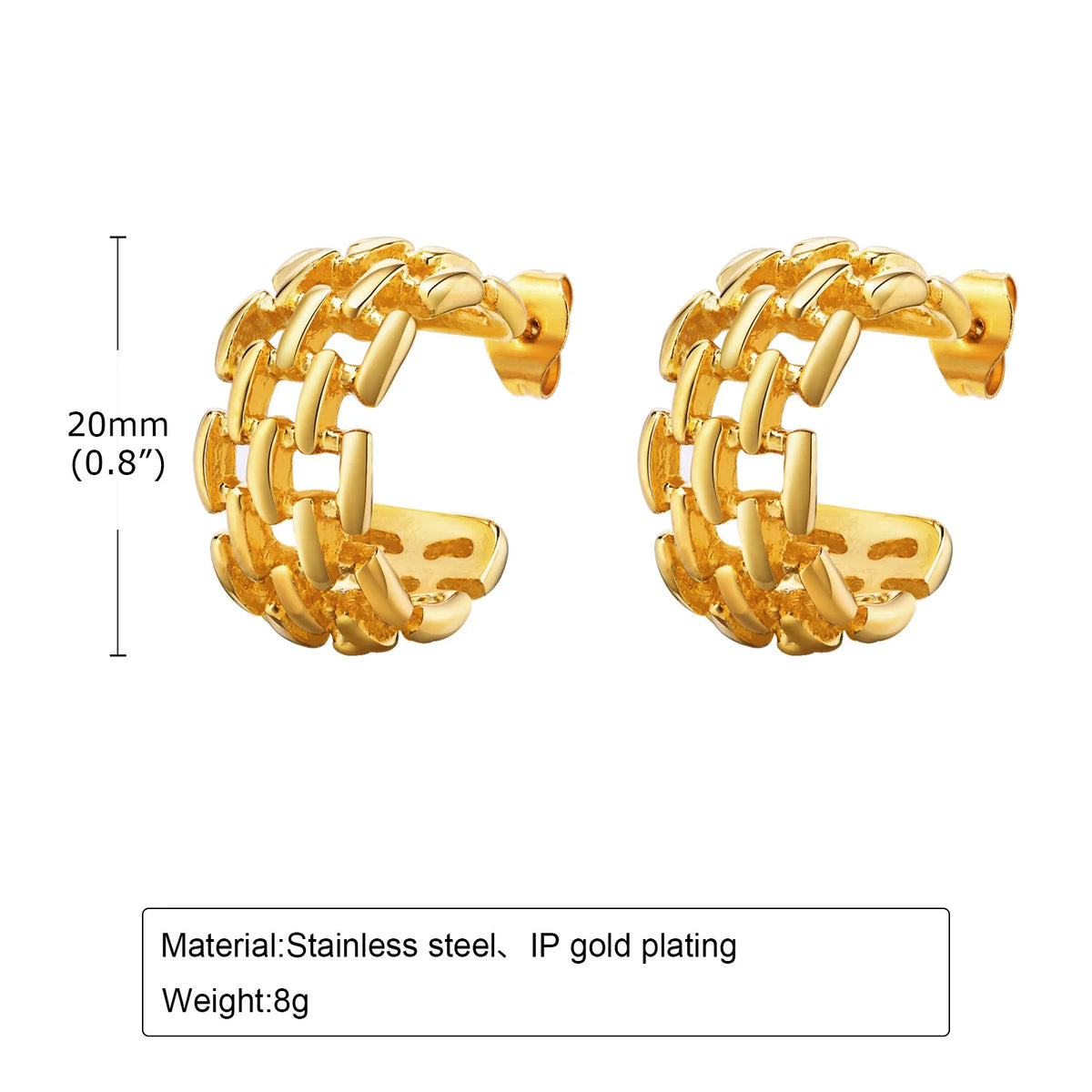 Gold-plated chunky hoop earrings, 20mm size with curved links (pair)