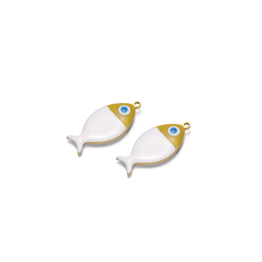 White enamel fish charms with gold loop and blue eye detail, 2pcs for DIY jewelry.