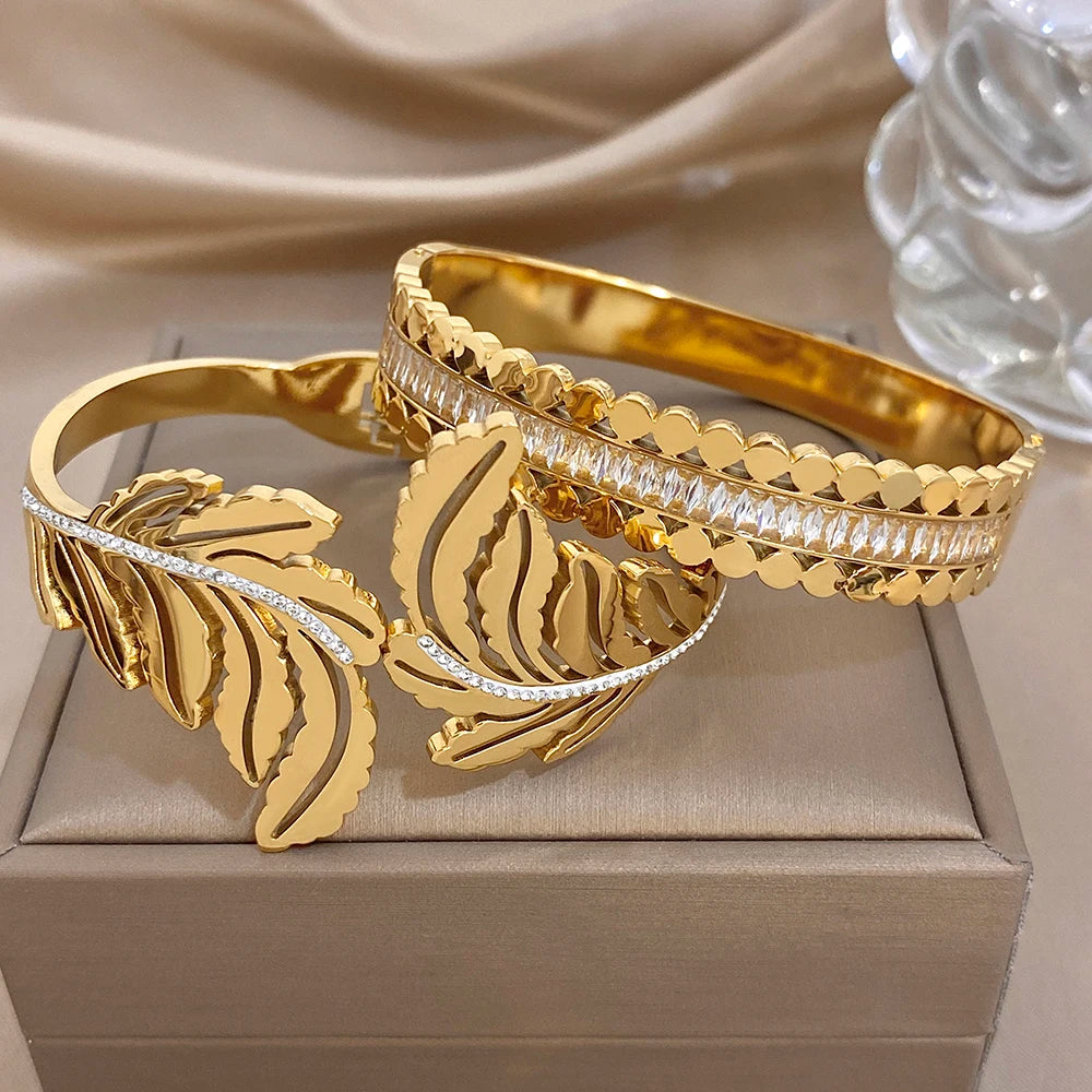 Chunky Gold Plated Stainless Steel Cuff Bangle for Women Men Glossy Leaf Feather Zircon Wide Bangle Bracelets Waterproof Jewelry