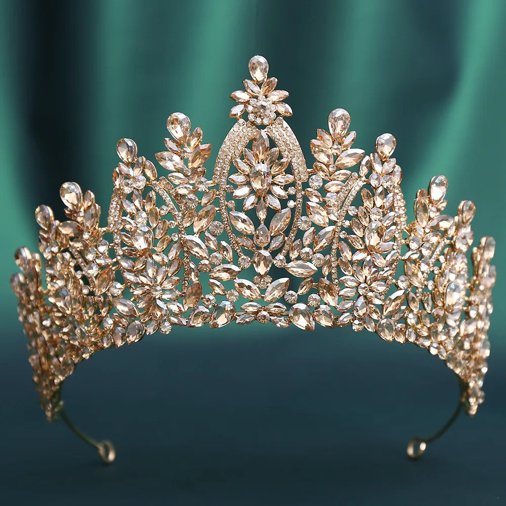 Gold-tone crystal tiara crown with flower motifs and marquise rhinestones