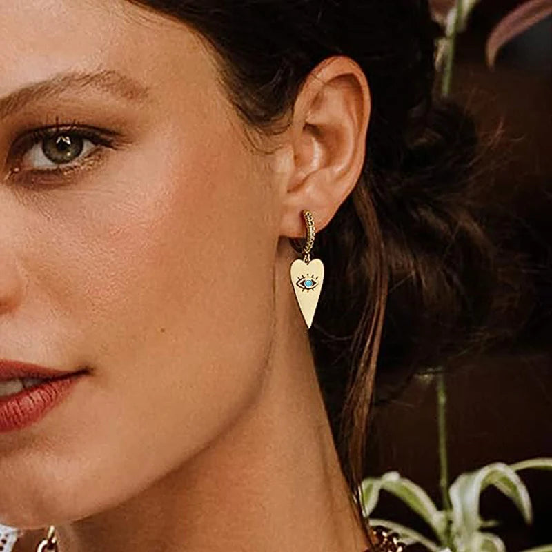 Gold Color Y2K Style Dangle Earrings Metal Heart Blue Eyes Charms Hip Hop Jewelry m18