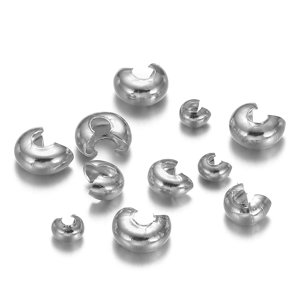 Silver open crimp end bead stoppers, small curved sleeves set