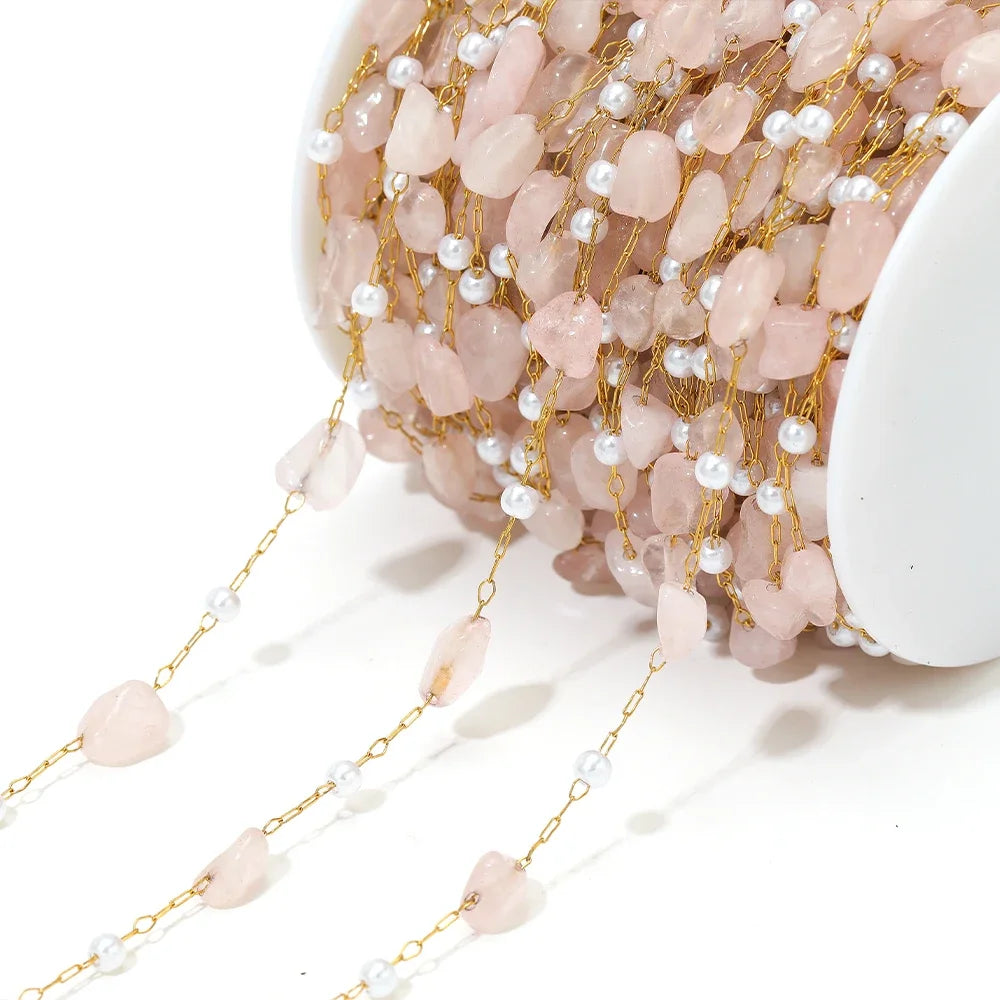 Irregular pale pink stone bead chain with white pearl drops and gold-link connectors
