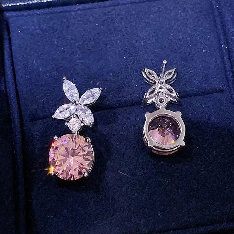 Silver Color Pink Cubic Zirconia Flower Dangle Earrings for Women m32