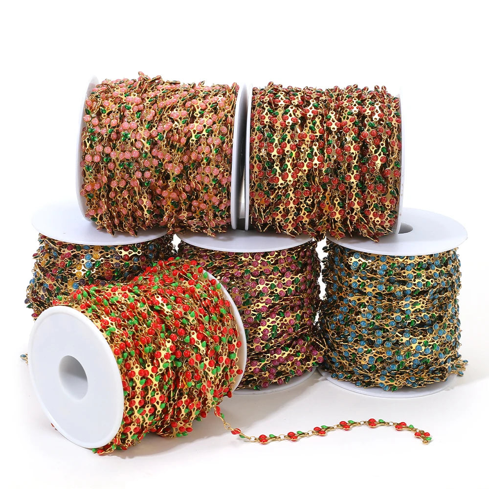Cherry charm chain bulk spools in multicolor on a display stand for DIY jewelry