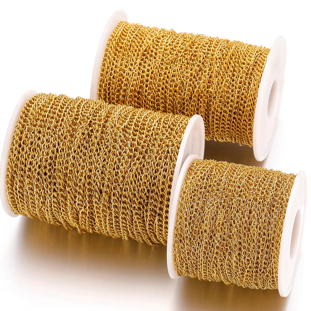 Gold chain extension links on white spool, fine mesh-style extender for DIY jewelry