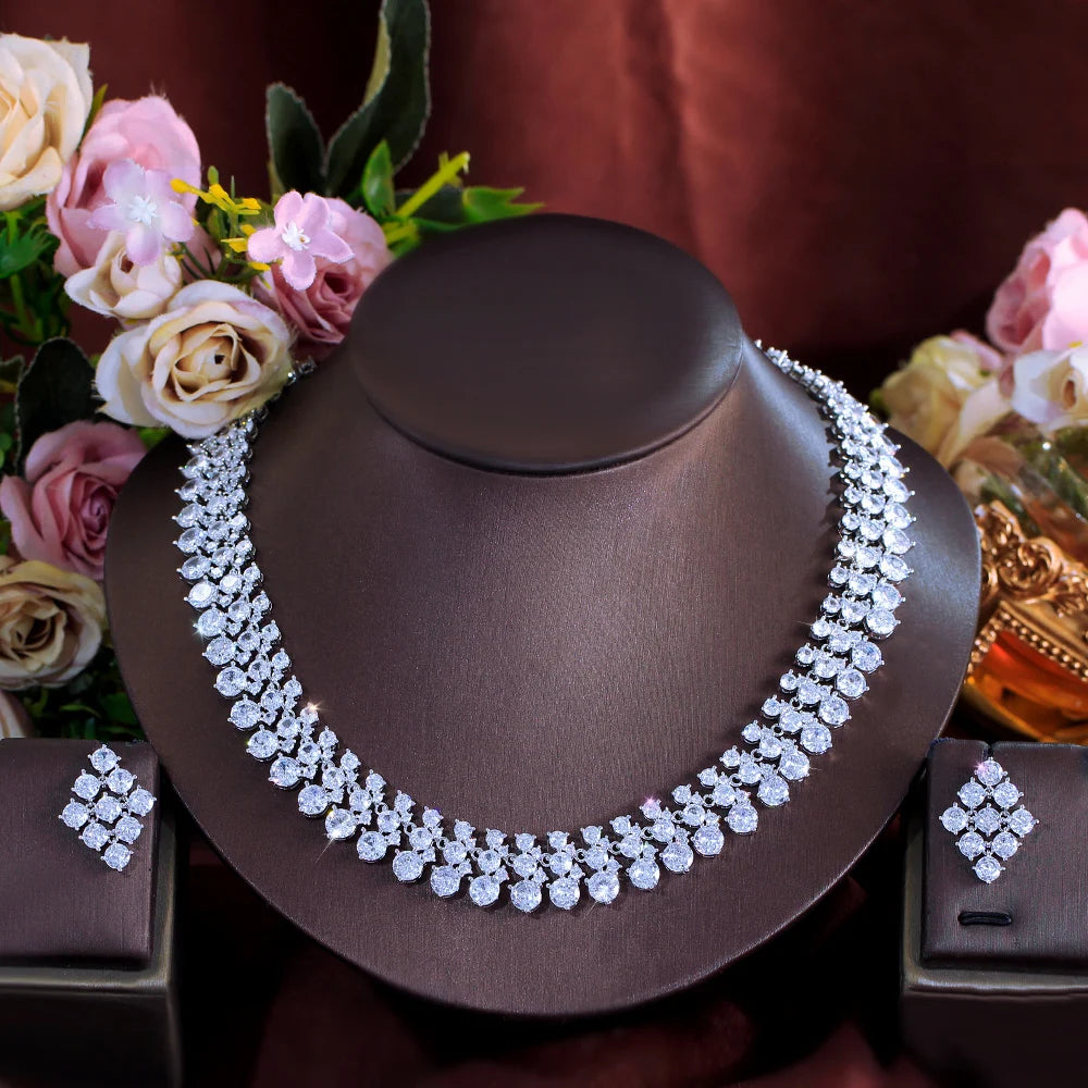 Silver-tone bridal necklace with square CZ cluster rows and matching stud earrings set