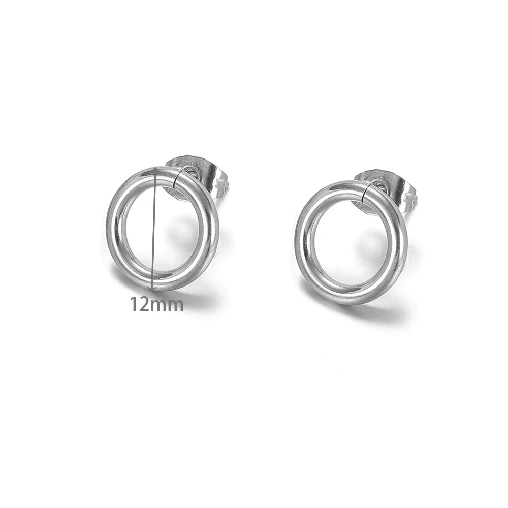 Silver round hollow stud earrings, 12mm circular hoops with stud posts