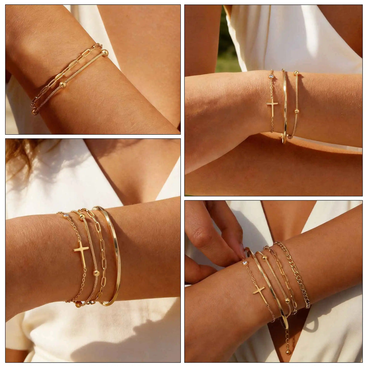 Stacked gold chain bracelets with cross charms on wrist, multiple bracelet styles