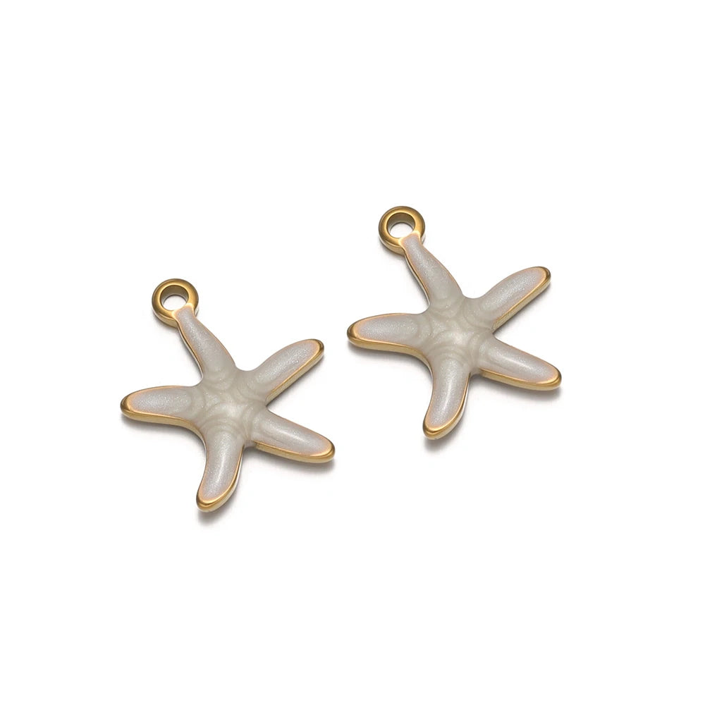 Cream starfish charm pendants with gold loop, pair for DIY necklace or earring