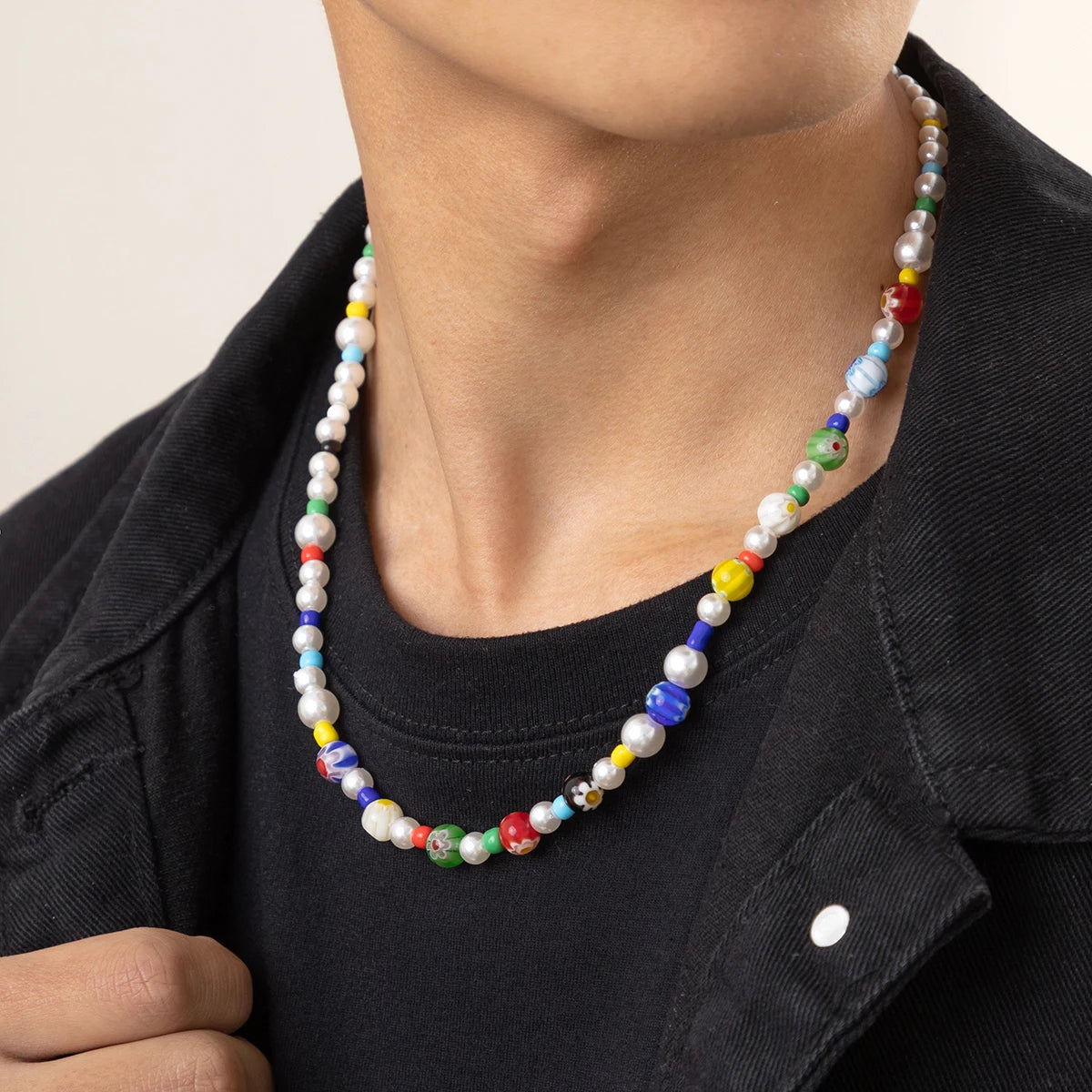 Trendy Beaded Chain Necklace CCB and Imitation Pearl Beads For Men Jewelry